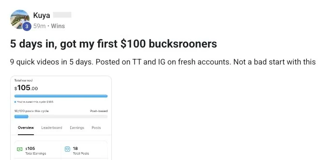 Member post: 5 days in, first $100 in commissions from 9 videos on fresh TikTok and Instagram accounts
