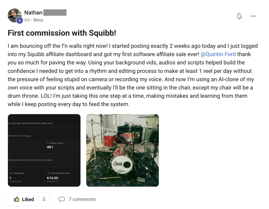 Member post: First Squibb affiliate commission — $15, 461 unique visitors, 11 checkout starts in 2 weeks, using AI voice clone and scripts to post daily without being on camera