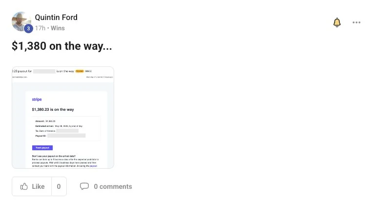 Member post by Quintin Ford: $1,380 Stripe payout on the way